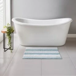B&M Newbury Stripe Bath Mat 50 X 80cm - Blue