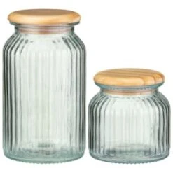 B&M Large Ribbed Glass Jar With Wooden Lid -Household Product Store 394426 394427 ribbed glass jar with wooden lid group