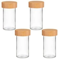 B&M Set Of 4 Glass Spice Jars With Bamboo Wood Base 11 B&M Set Of 4 Glass Spice Jars With Bamboo Wood Base -Household Product Store 394437 set of 4 glass spice jars with bamboo wood lid and base group